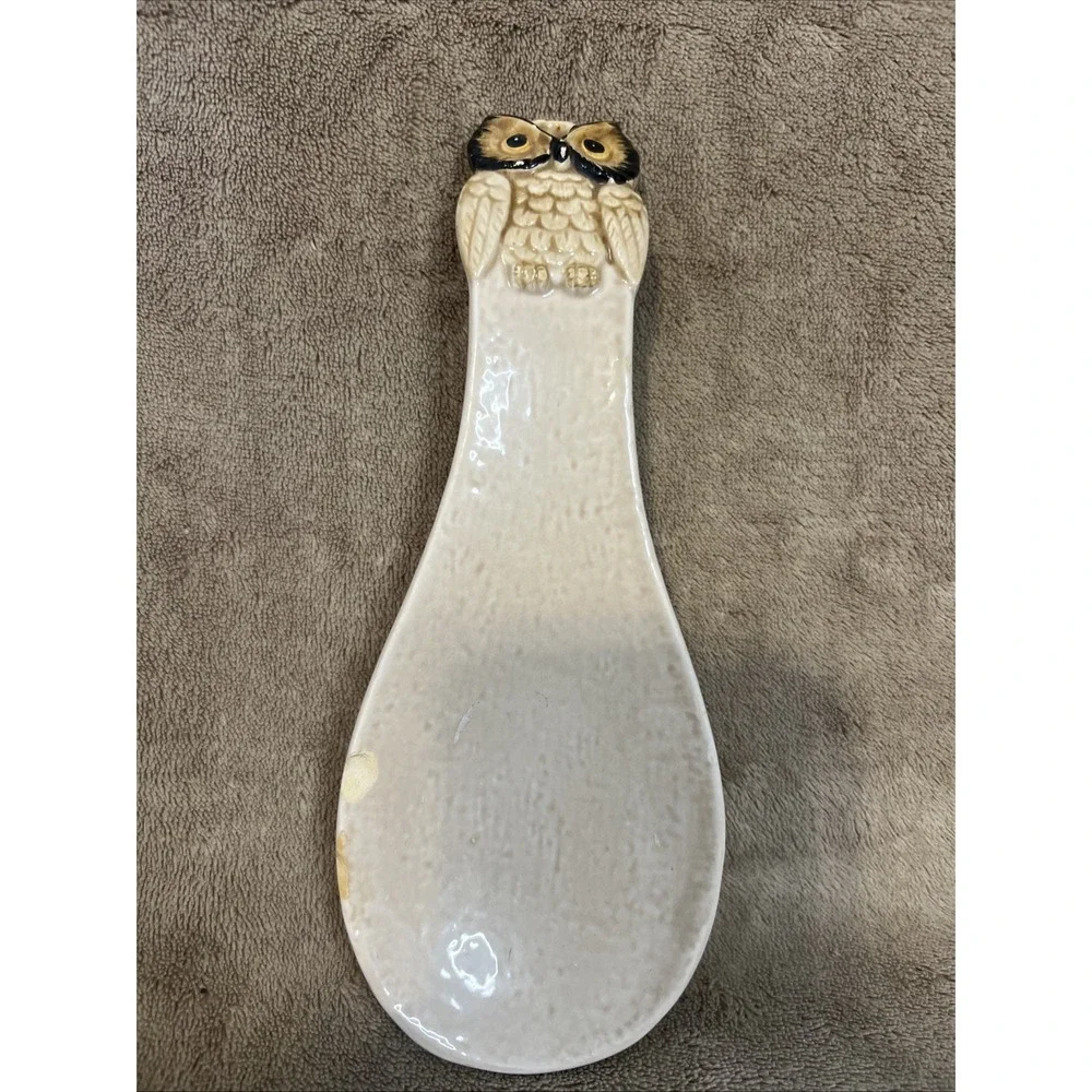 Vintage Owl‎ Ceramic Spoon Rest Otagiri Beige Brown Black Hanging Tabletop